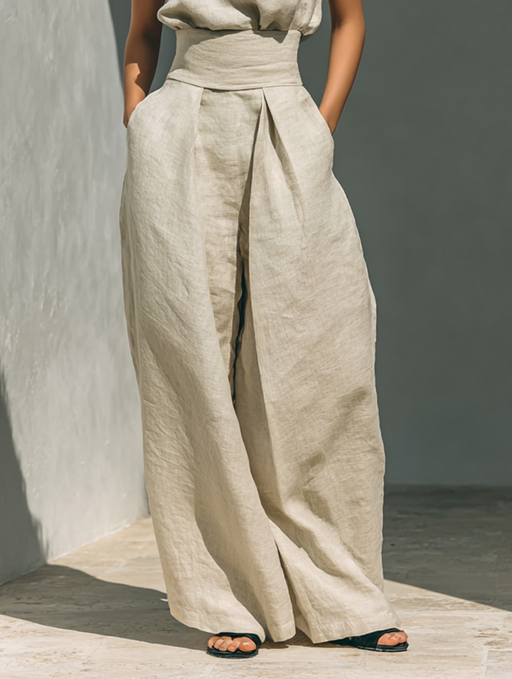 Emma | Camicetta senza maniche e pantaloni in misto cotone e lino.
