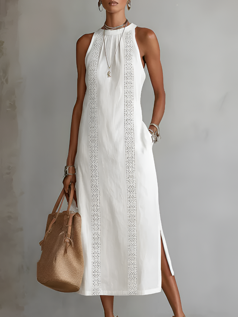 Giulia | Abito Midi in Lino con Collo Mao