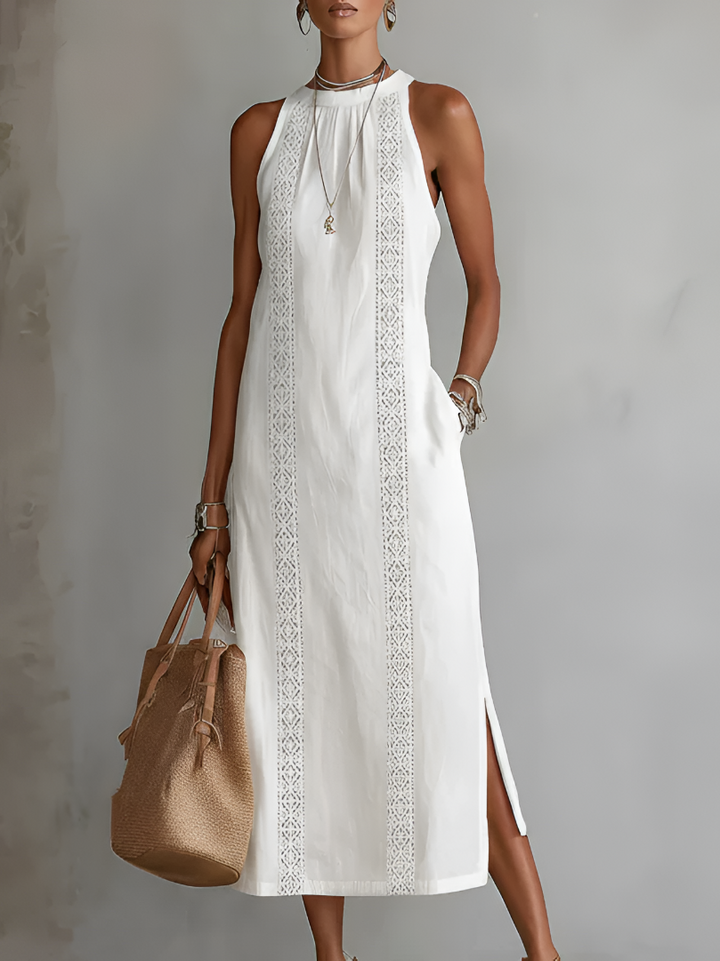 Giulia | Abito Midi in Lino con Collo Mao