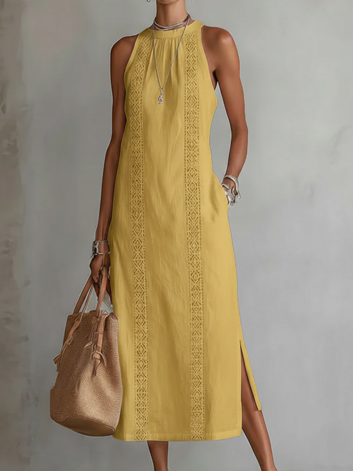 Giulia | Abito Midi in Lino con Collo Mao