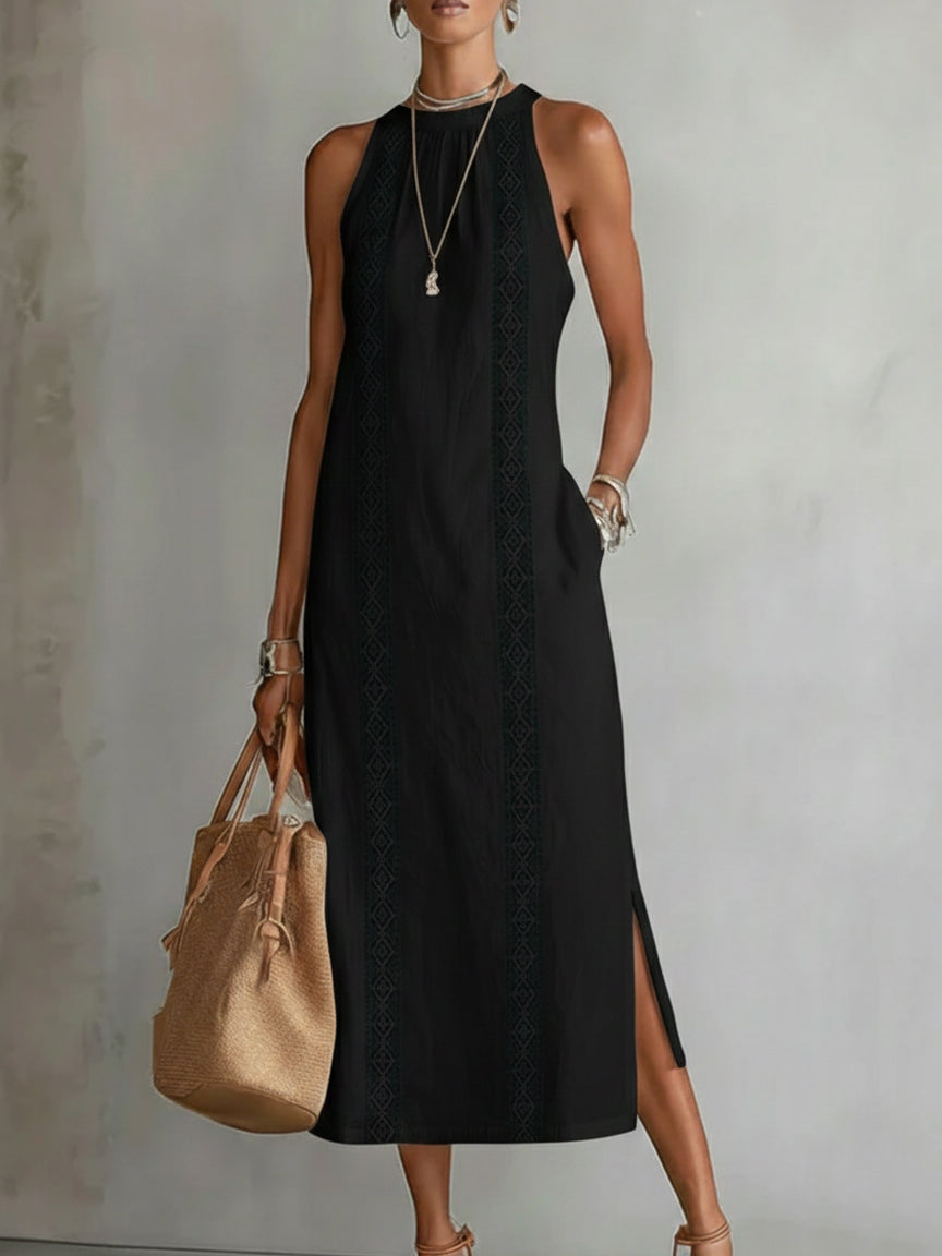 Giulia | Abito Midi in Lino con Collo Mao
