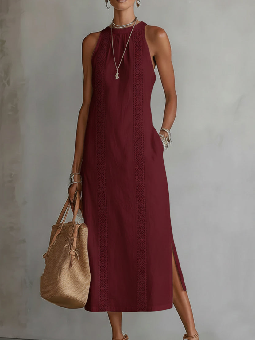 Giulia | Abito Midi in Lino con Collo Mao